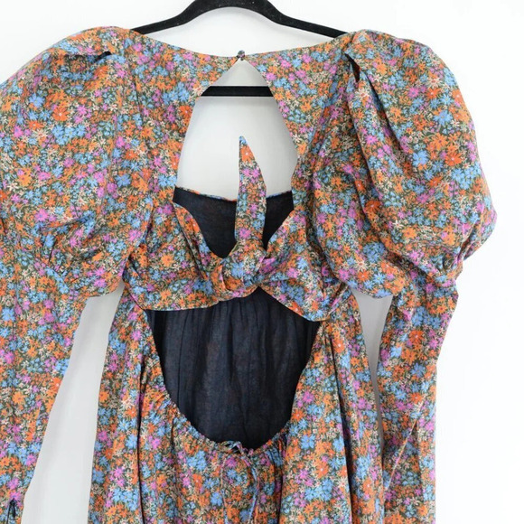 For Love & Lemons Brittany Mini Floral Revolve Dress 100% Cotton Puff Shoulder M - Picture 12 of 15